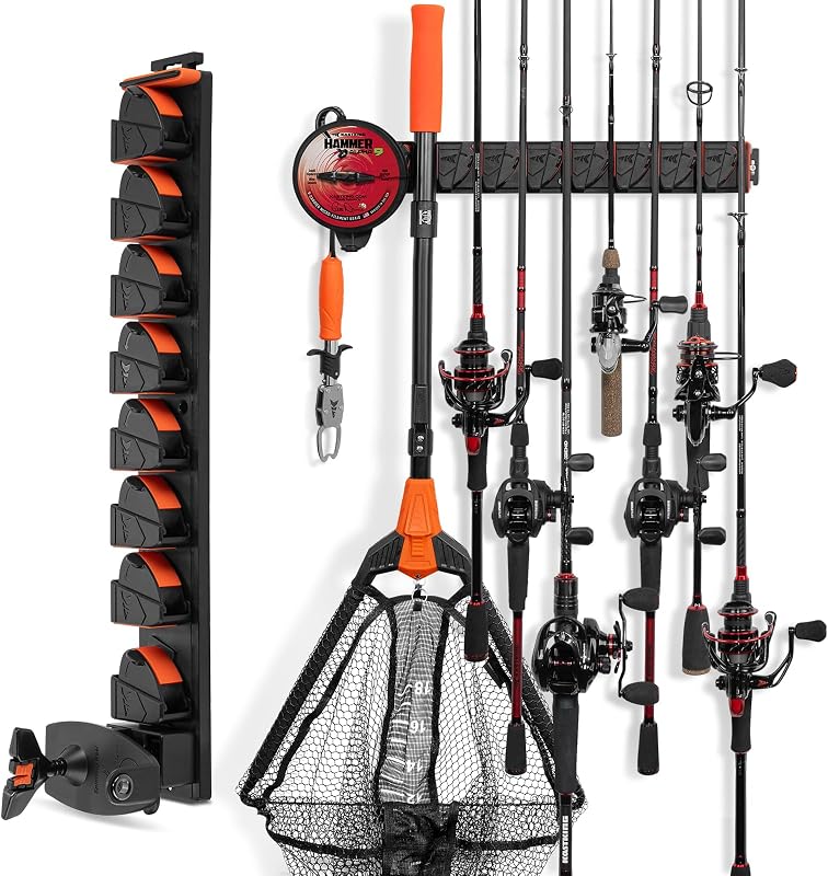 GravityLock V8 Fishing Rod Holder with Line Spooler, Holds 8 Rods | 5.5 lb Capacity, Wall-Mounted, Adjustable Clip Fits 0.1"-1" Rods, Line Spooler, Line Cutter, Interlocking Joints