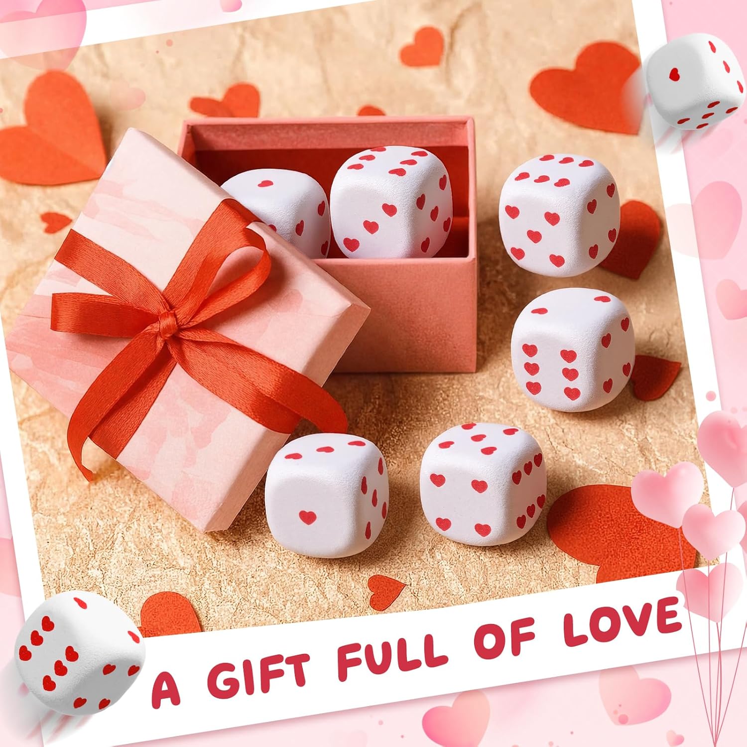 12 Pcs 38mm Casino Foam Dice Bulk Heart Stress Balls Squeeze Anxiety Relieve Valentine's Day Large Opaque Jumbo Square Big Gifts for Board Games Party Props