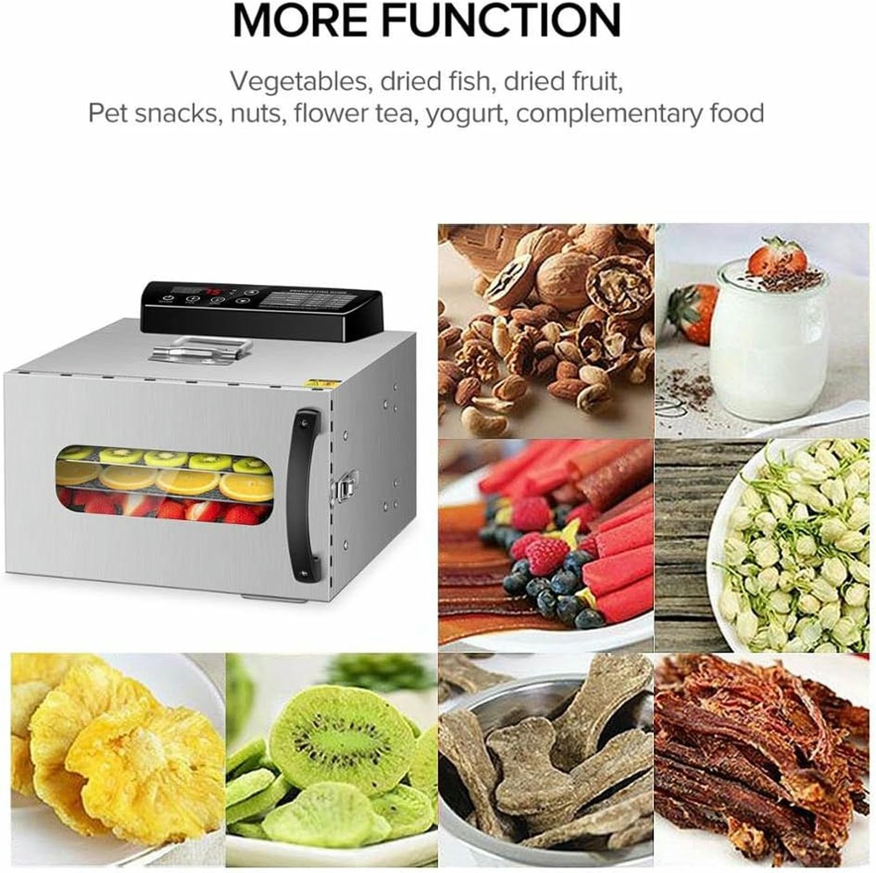 Essiccatore per Alimenti a 6 vassoi, essiccatore per Frutta, essiccatore per Verdure, essiccatore per Frutta secca, essiccatore per Carne in Acciaio Inossidabile