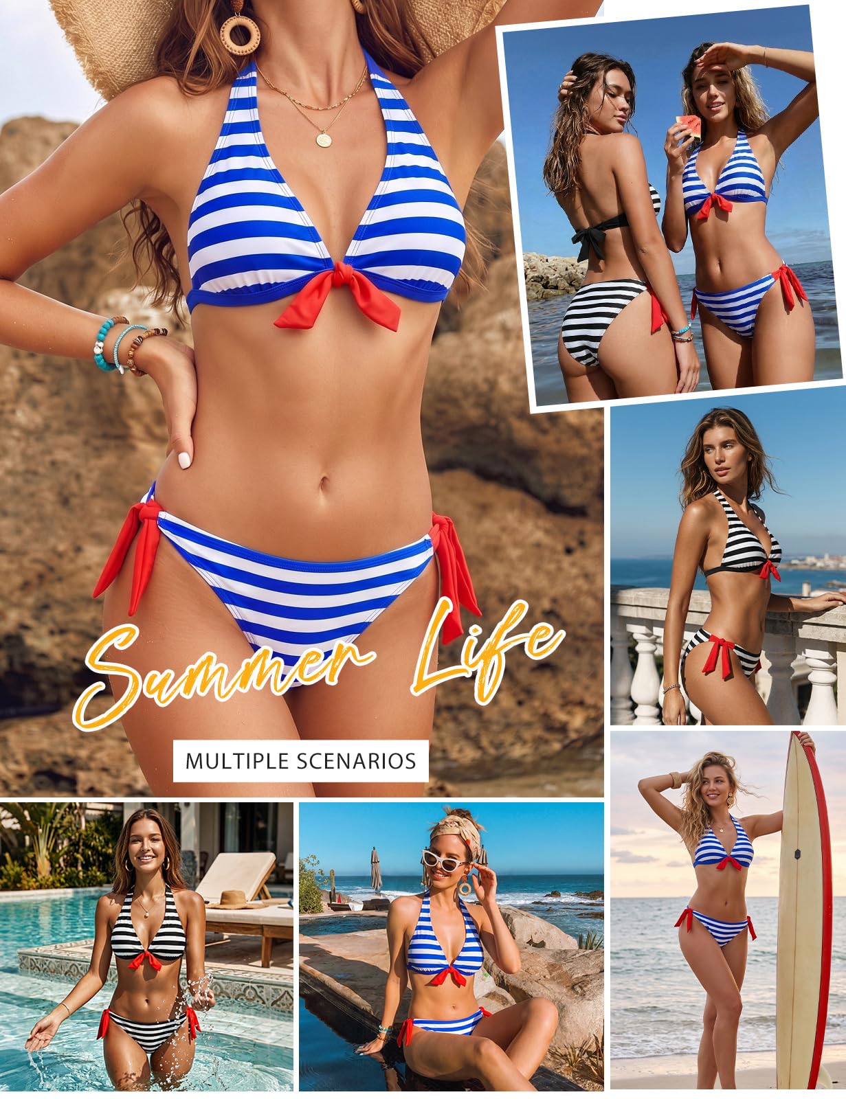 Voqeen Mujer Bikini Rayas Cabestro Traje de baño Acolchado Ropa de Playa de Dos Piezas