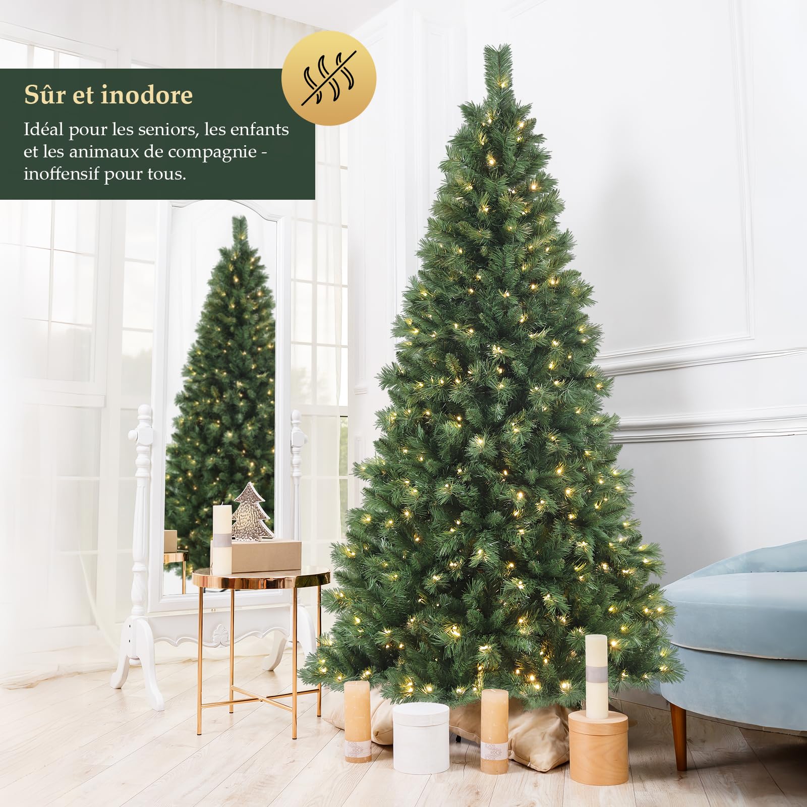 SALCAR Sapin de Noël Artificiel Lumineux 210cm, Arbre de Noel avec 380 LED, 868 Pointes de Branche, Gants et Pieds de Sapin de Noël en Métal, Lgnifuge, Assemblage Rapide