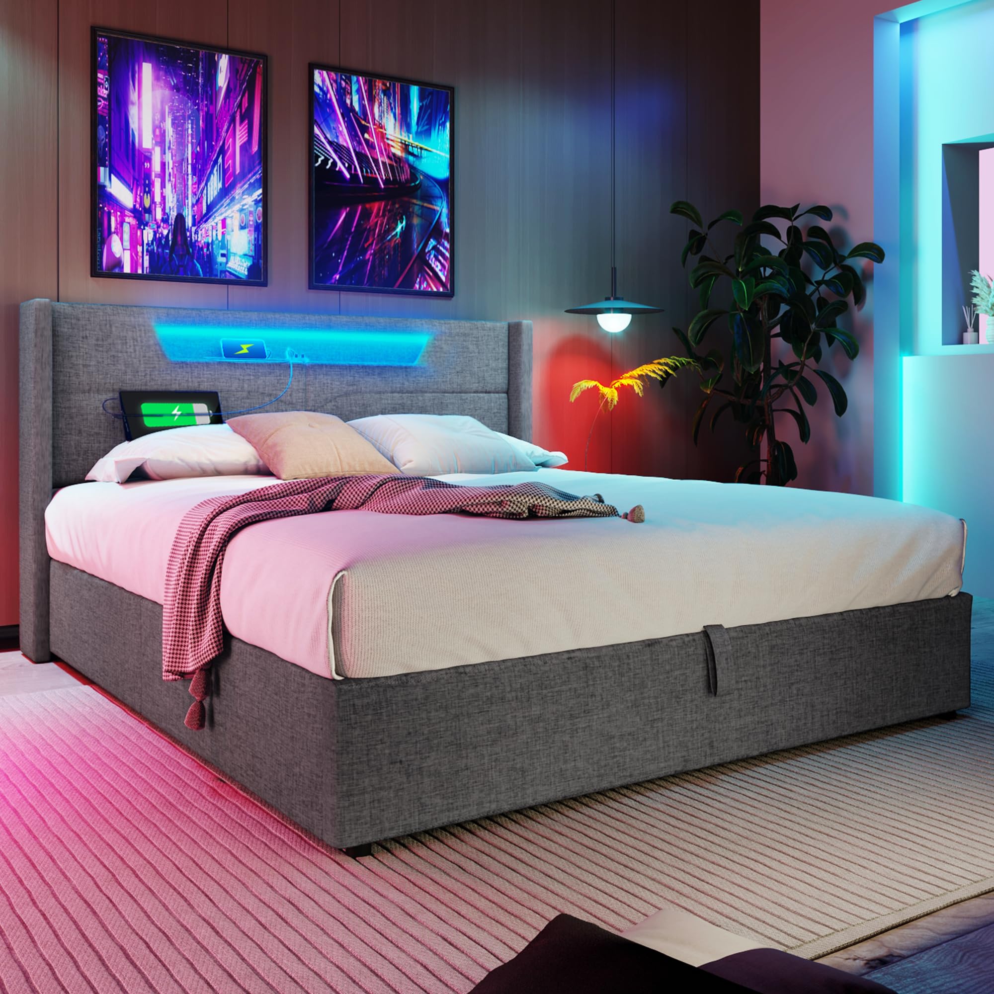 Rtopsu Polsterbett Doppelbett 140x200 cm mit LED-Beleuchtung und USB-Type C, Bett mit Stauraum und Kopfteil, Stauraumbett Bettgestell mit Lattenrost aus Holz, Möbel, Leinen, Grau, Ohne Matratze