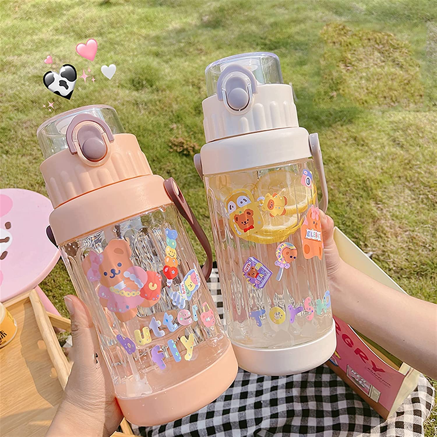 Borraccia Bottiglia d'Acqua da 1500/2000 Ml con Orso Carino con Paglia Sport Plastica Manico Portatile Bottiglie for Biciclette di Grandi Dimensioni Water Bottle(G,2000ml)