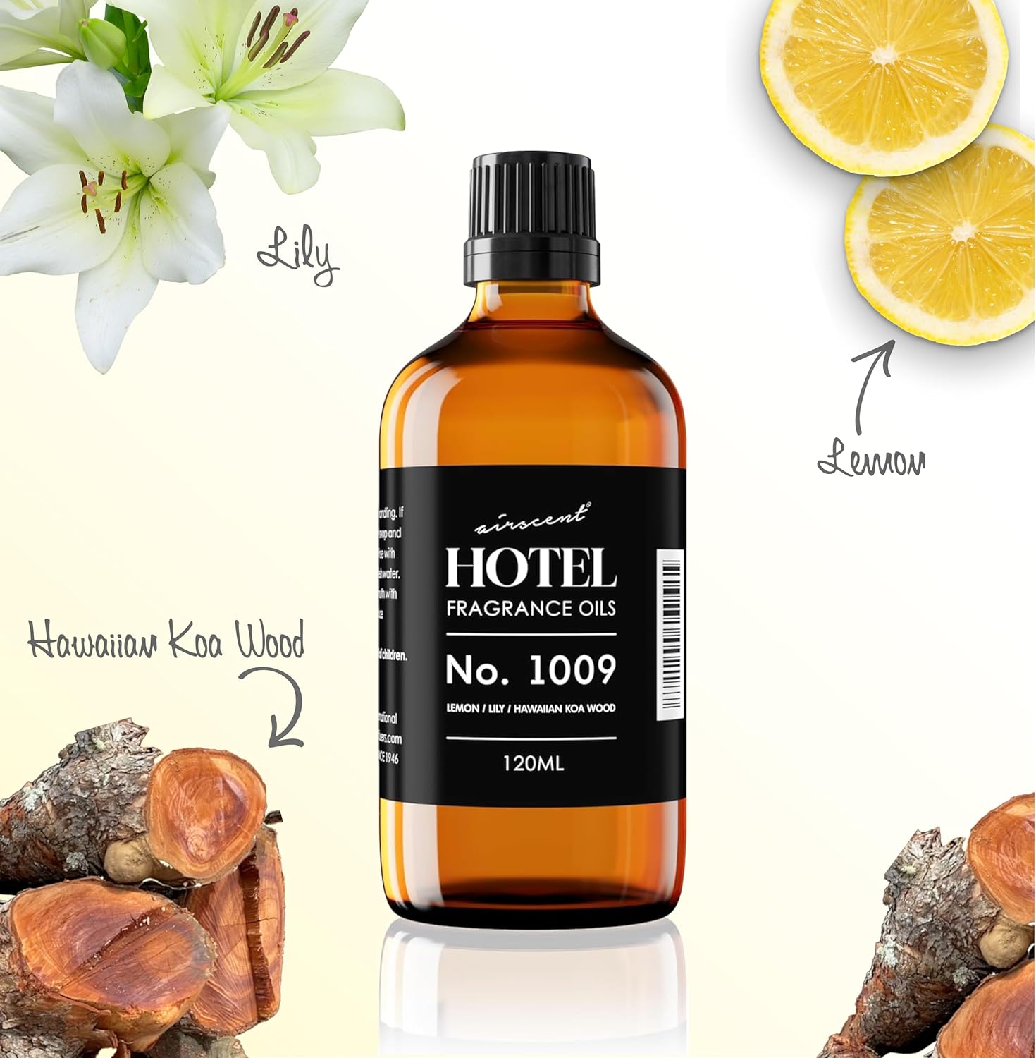 AirScent Hotel Diffuser Oil No. 1009 - Lemon Lily Hawaiian Koa Wood - Hotel Scent Dupe - Premium Fragrance Oil for Ultrasonic and Waterless Diffusers and Crafting - 120 mL, 4 fl oz Glass Bottle
