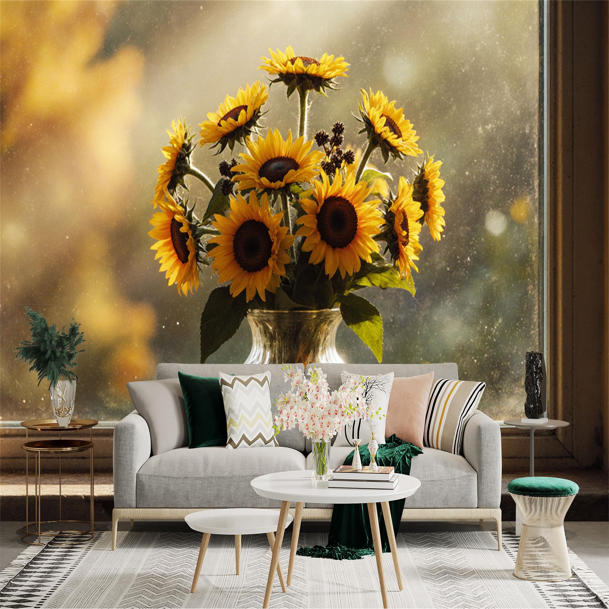 Custom Size Wall Sticker Mural， Bouquet of Yellow Sunflowers in Glass Vase， Sunny Window Light， Rustic Floral Art， for wall Decoration， peelandstick wall Decals.