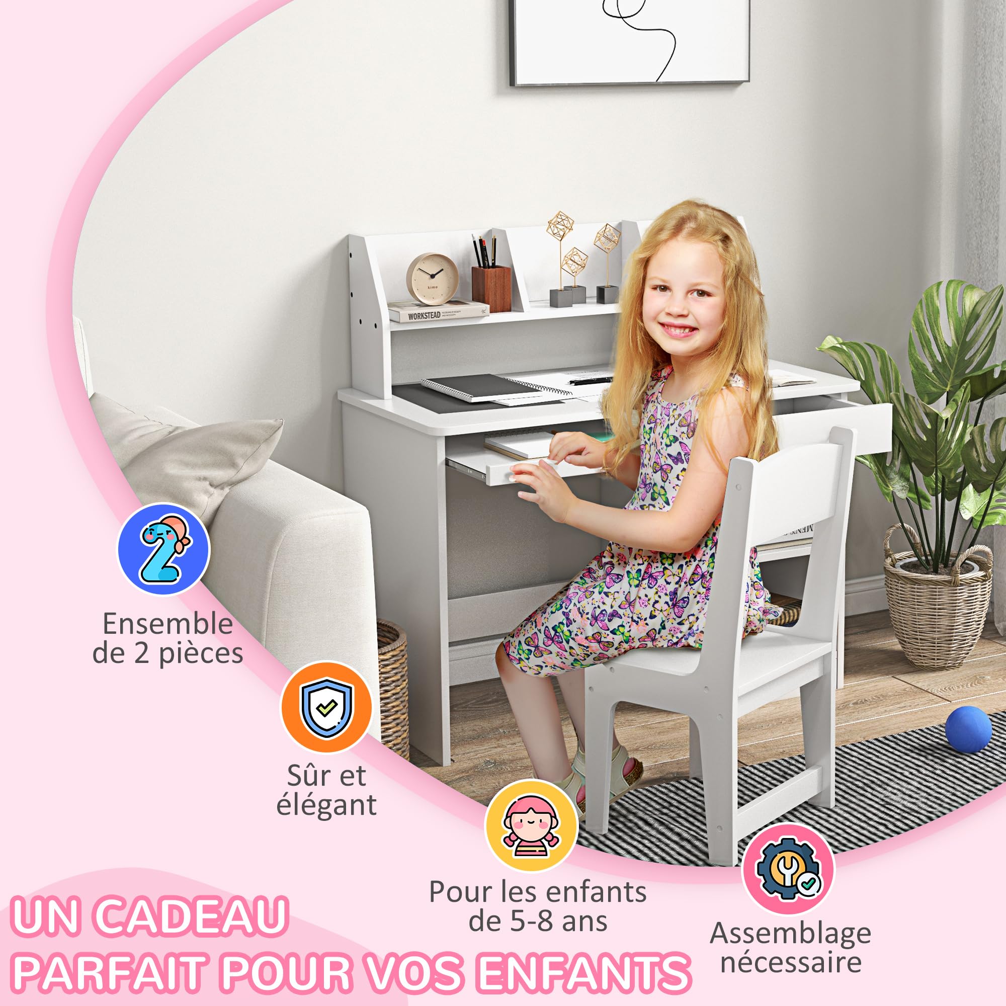 ZONEKIZ Bureau Enfant avec Chaise Ergonomique, Table Enfant et Chaise avec 2 tiroirs, étagères Ouvertes et niches, Table pour l'étude, Le Travail et l'écrire, 90 x 45 x 90 cm, Blanc