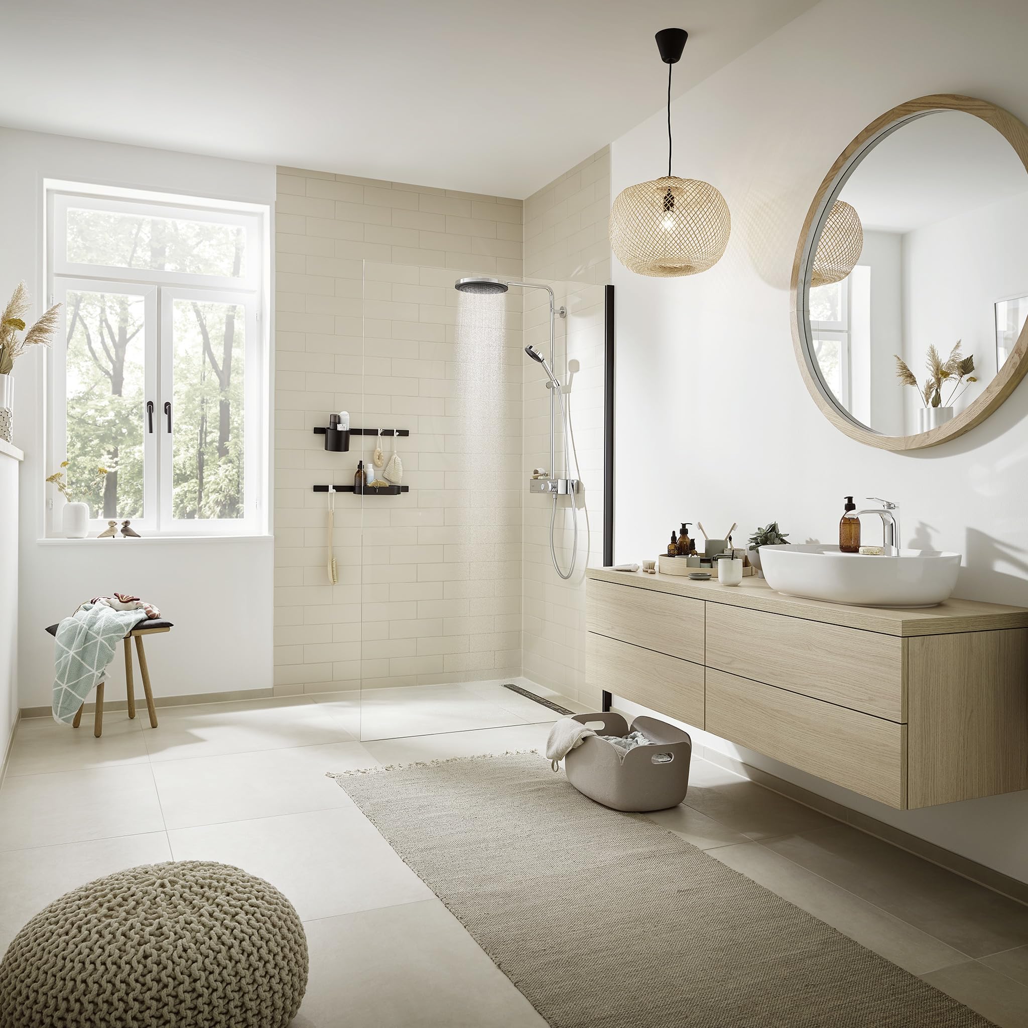 hansgrohe Pulsify S - Colonne de douche avec mitigeur thermostatique, douche pluie (⌀ 260mm) avec robinet, douchette (3 jets), support, flexible de douche, barre et douche de tête ronde, Chromé