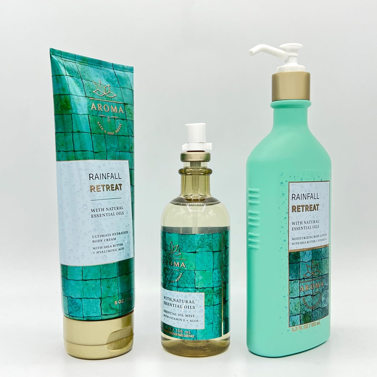 Rainfall Retreat Aroma 3-Piece Bath & Body Bundle | Ultimate Hydration Body Cream, Essential Oil Mist and Moisturizing Body Lotion