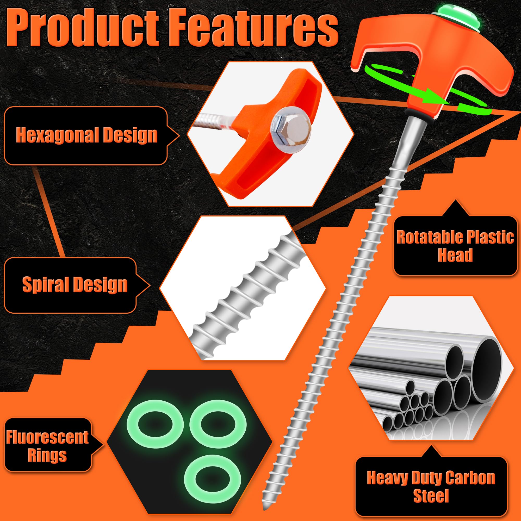 Tokeya Piquets De Tente En Acier, 10 Pièces Stable Et Robuste Sardines De Fixation à Visser Sardines Camping Avec Lumineux Et Adaptateur Pour Visseuse Sans Fil Sardine Tente Pour Camping Et Extérieur