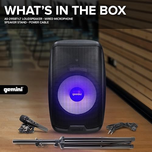 Miniatura 7 de Gemini - Altavoz PA Bluetooth de 2000 W con soporte, sistema de altavoces DJ de 15 pulgadas con luces LED, USBSDFM, emparejamiento estéreo