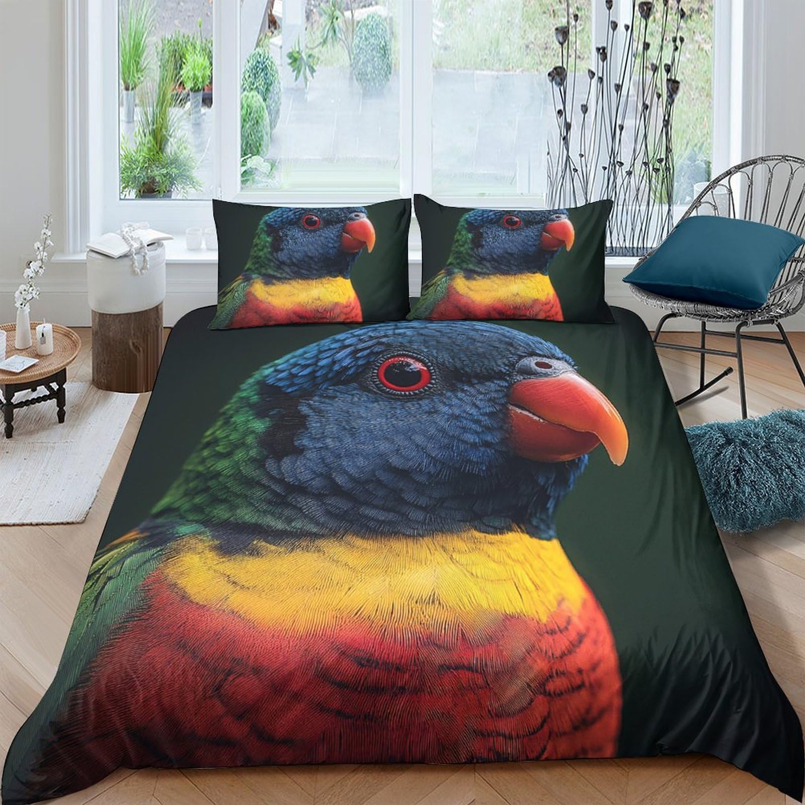 Ctjqhvkz Style-2 3D Printed Rainbow Parrot Fitted Sheet Microfiber Anti-Slip Bedroom Decor Vibrant Bird Mattress Cover Easy Care Single（135X200cm）