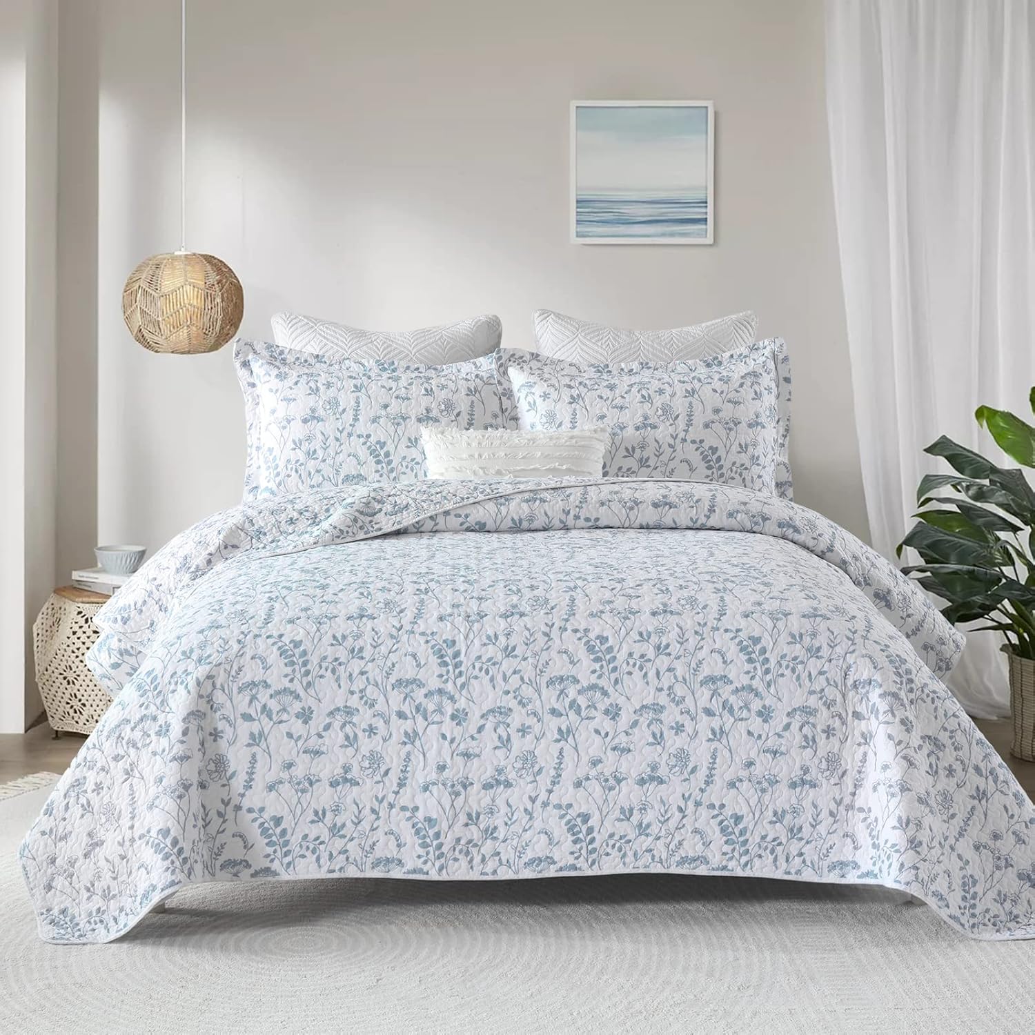 SahSahCasa Quilt King Size, King Quilt Set, 100% Cotton King Quilt Bedding Set Bedspreads, Lightweight Reversible Floral Bedspread for King Bed, for All Season, White/Blue, 3 Pieces