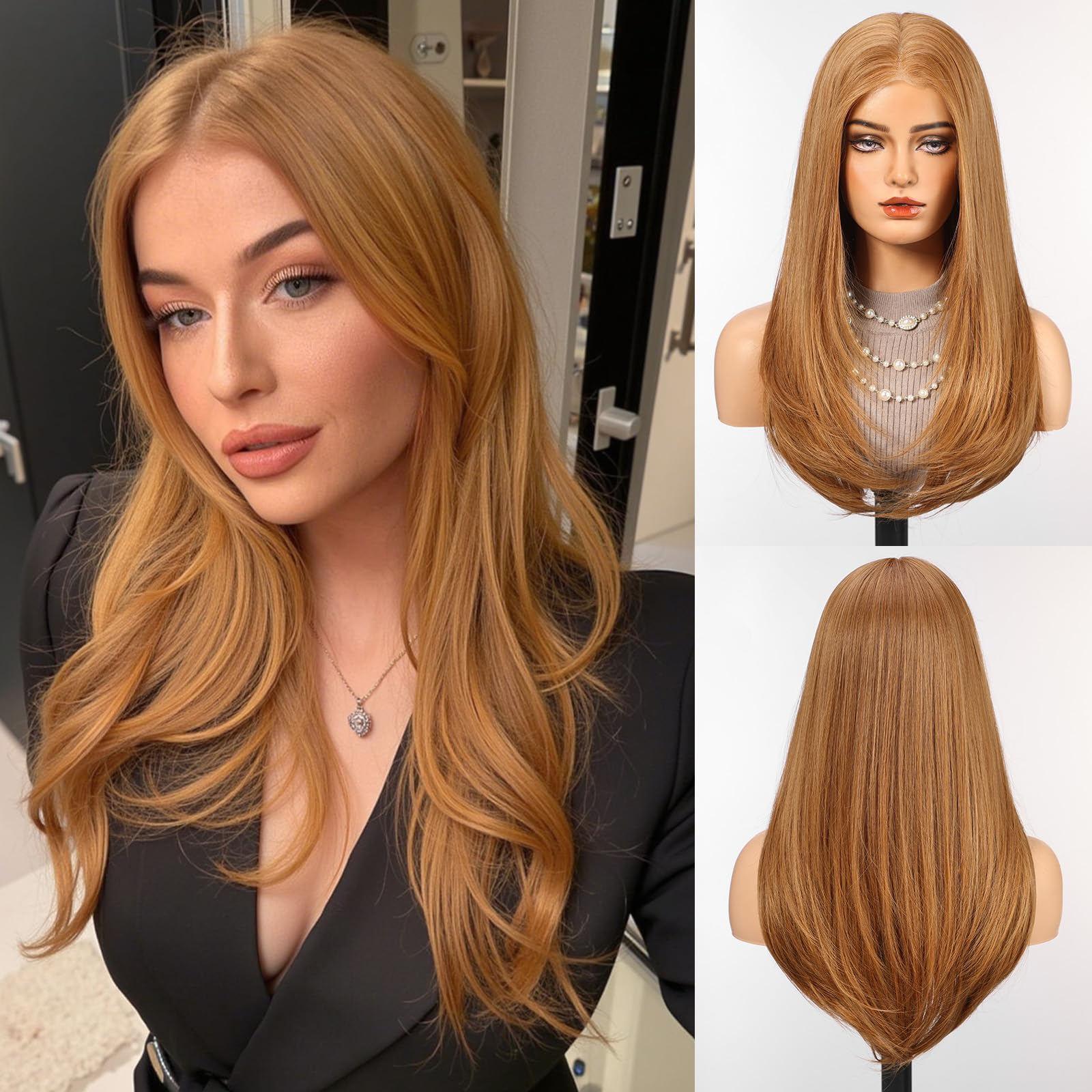 Getshow 5×5 HD lace Front Wigs Heat Resistant Fiber Straight Hair Daily Use Mixed Blonde Glueless Wig