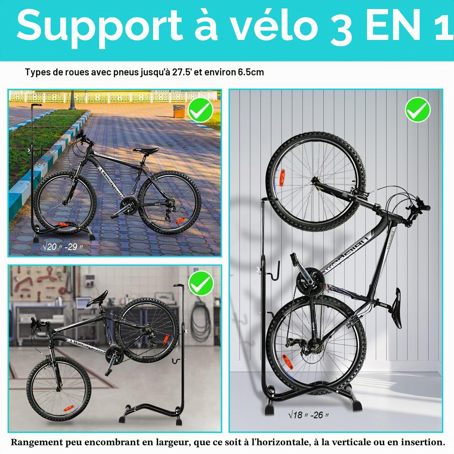 Lot de 2 béquilles de vélo 3 en 1 au sol 20 à 27.5 pouces Support de maintenance horizontal et vertical, hauteur réglable, convient pour roue avant ou roue arrière