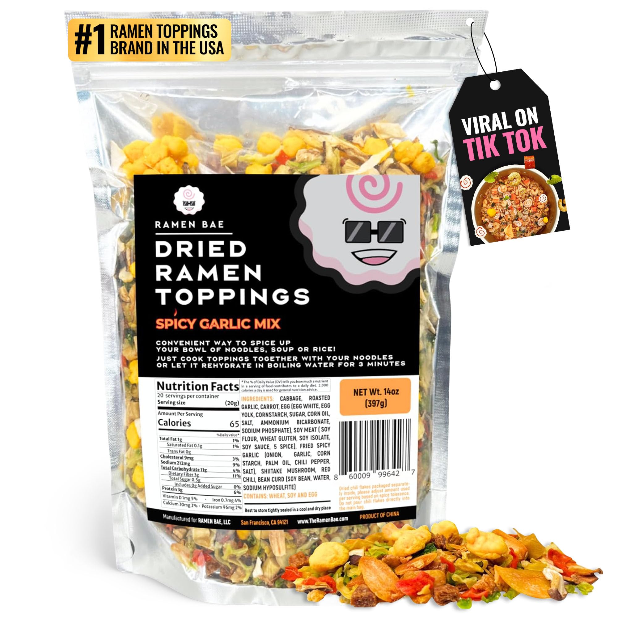 Ramen Bae Spicy Garlic Mix Dried Ramen Toppings - Low Fat, Low Sodium, Dehydrated Ramen Toppers, Add Ins, Mix Ins for Ramens, Noodles, Soup, Fried