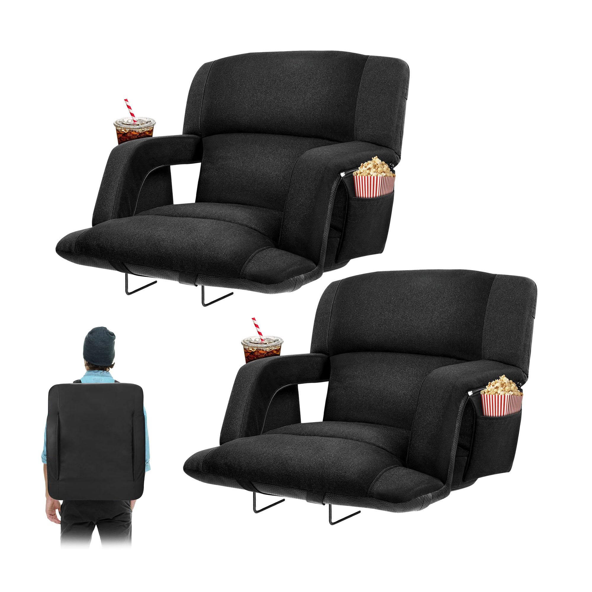 Extra Wide Bleacher Chairs with Back and Cushion Folding Stadium Chairs, Sofa Style Design 6 Reclining Positions Waterproof Bleacher Seats (2, Black, Wide-26in)