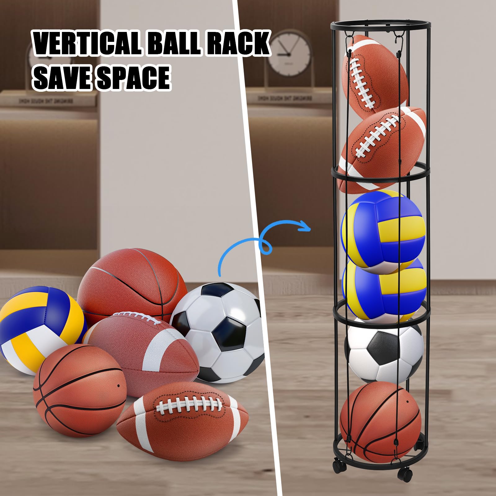 Rastrelliera per Palloni a 3 Livelli Verticale per Basket Calcio Attrezzature Sportive Scaffale Rimovibile