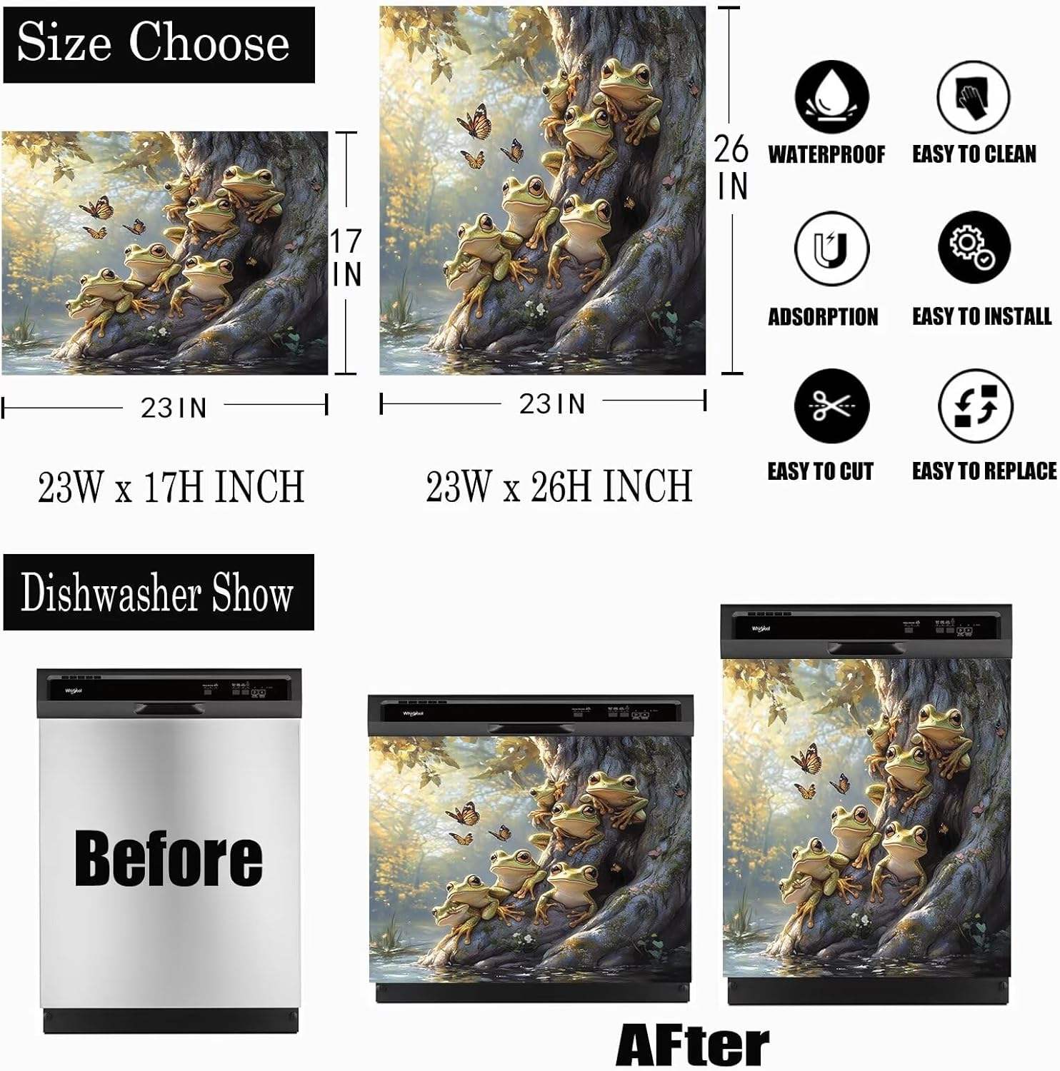 Pastoral Frogs Dishwasher Magnet Cover, Butterflies Magnetic Dishwasher Door Decal Funny Magnets Kitchen Decorative Sticker Refrigerator Magnets Panel Decals 23" x 26"(Magnetic)