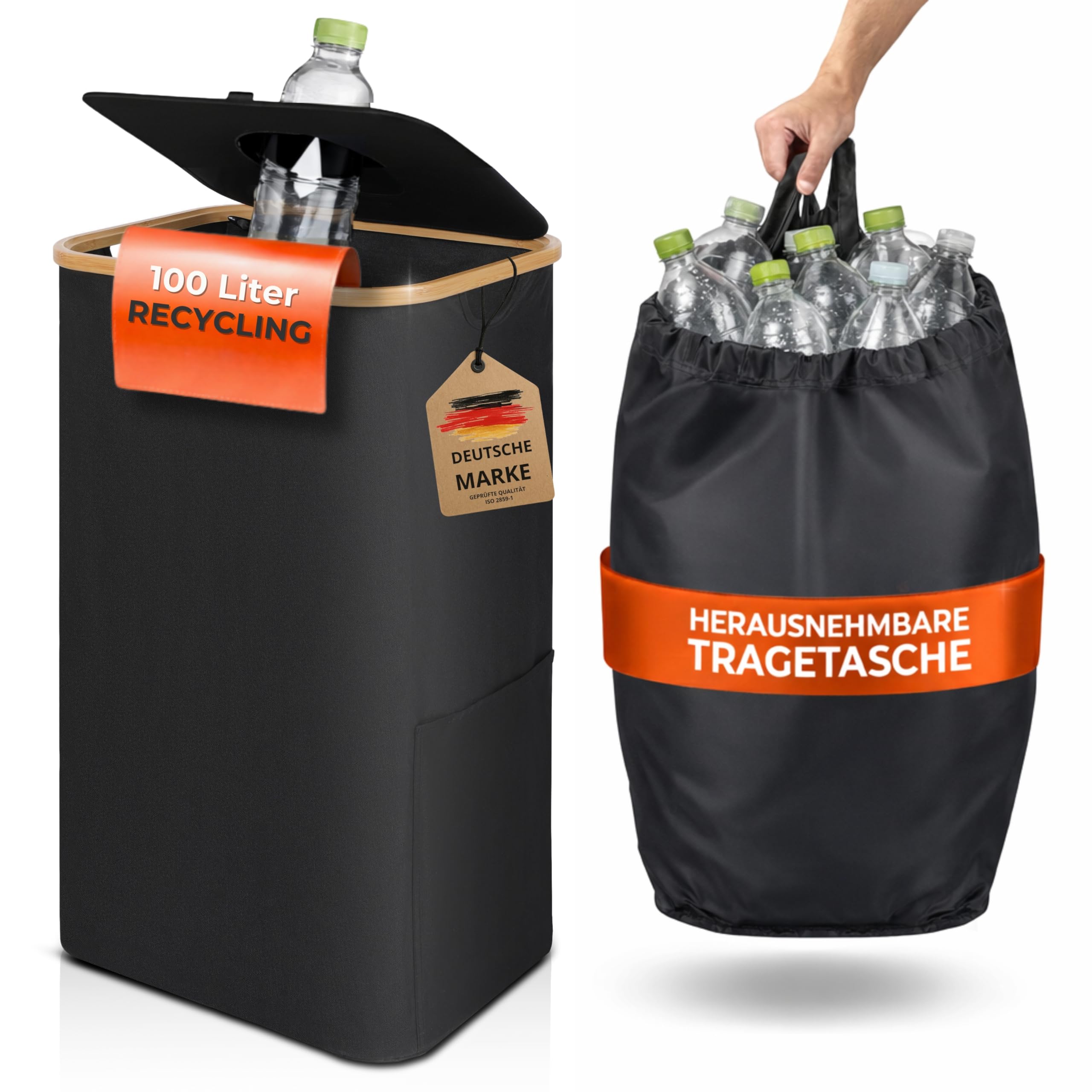 Pfandflaschen Sammelbehälter mit Deckel, 100 L, faltbar & stabiler Flaschensammler Leergut, große Pfandbox, Pfandflaschen Behälter, Behälter Leergut & Altglas Aufbewahrung, inklusive Flaschentasche