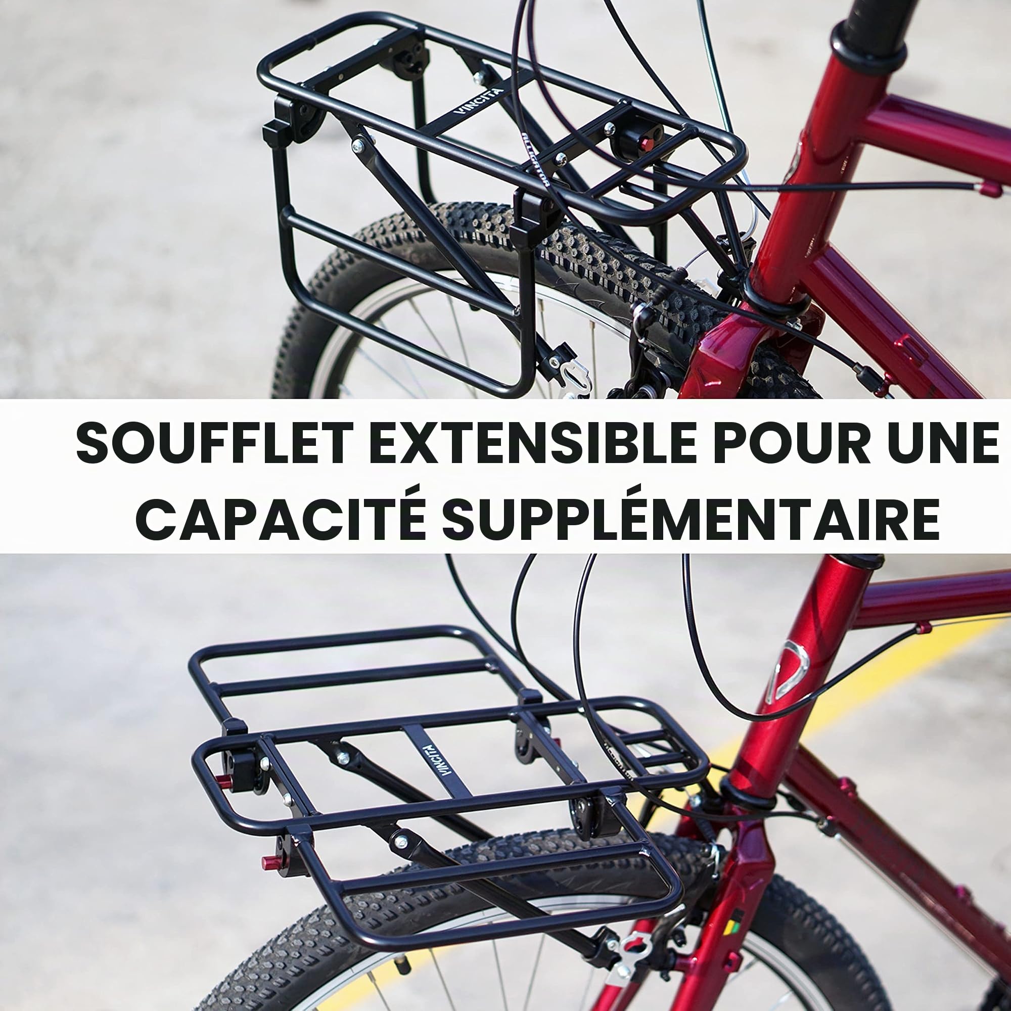 Vincita Porte-Bagages Avant pour vélo, avec Aile Extensible pour Tailles de Cadres de 26" à 29", Noir, r, Charge maximale 22 LB - Porte-Bagages pour vélo