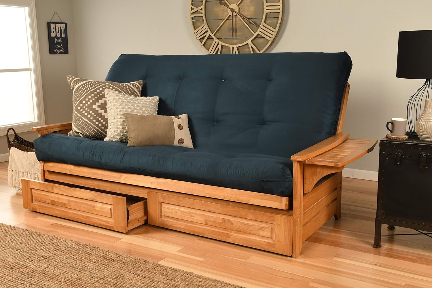Queen Size Phoenix Wood Frame, Drawers and 8 inch Mattress Set Honey Brown Finish w/Folding Trays Living Room or Den (Frame w/Blue Mattress w/Drawers)