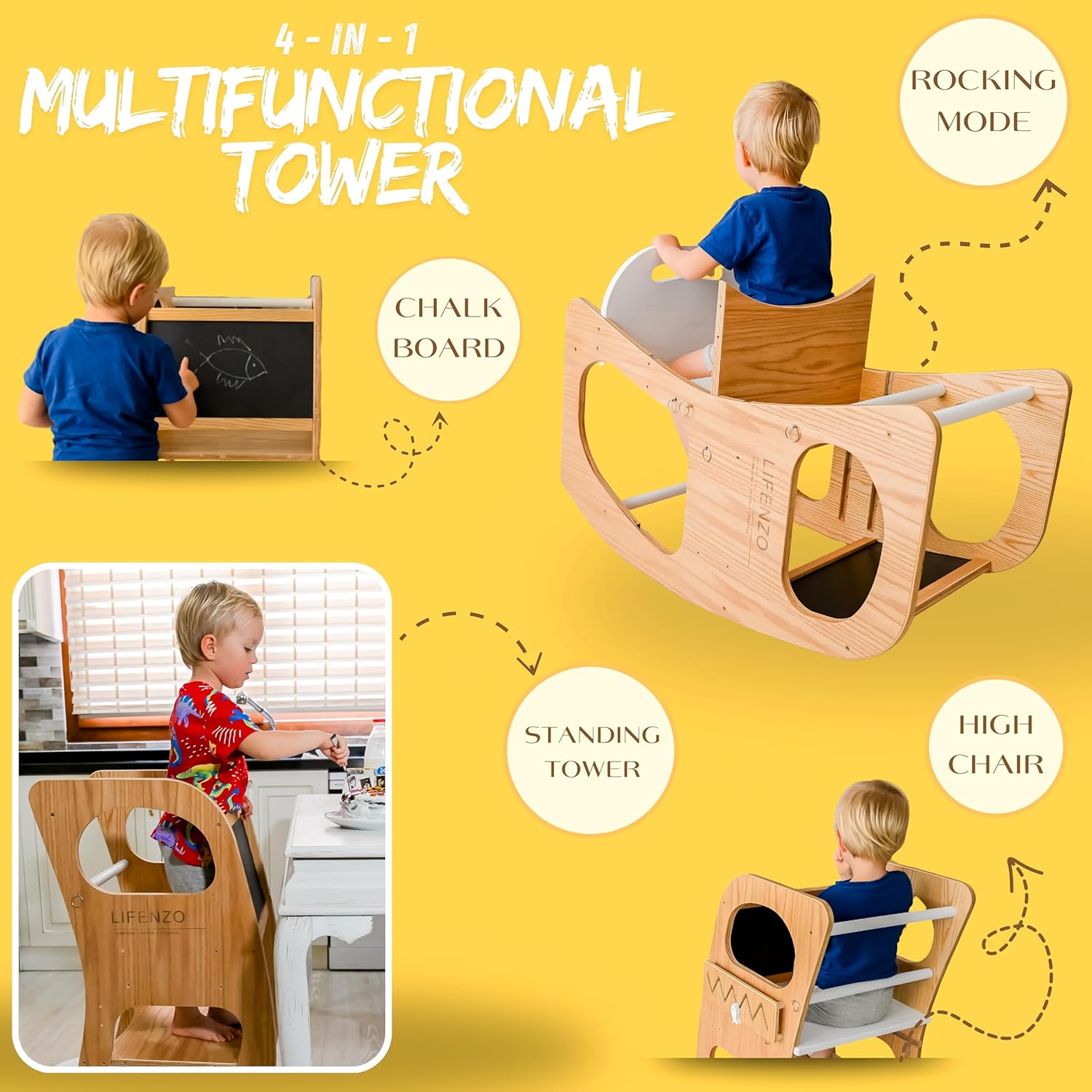 4-in-1 Toddler Tower - Montessori Kids Kitchen Step Stool - Standing Tower - Toddler Kitchen Stool Helper - Adjustable Wooden Step Stool, Chalkboard, High Chair & Rocker, Ages 1-6