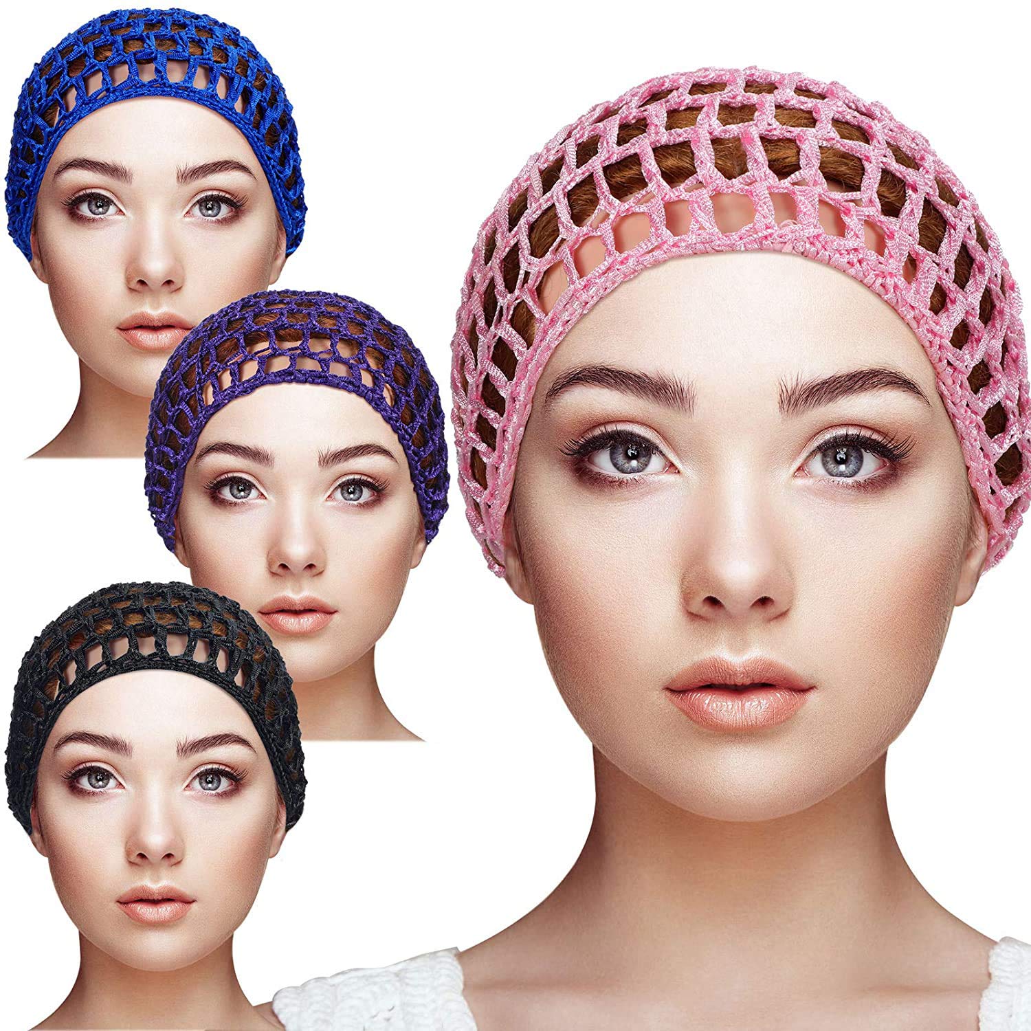 DELFINO 4 Pieces Mesh Crochet Hair Net Rayon Knit Snood Hat Thick Short Women Hairnet Snoods Cover Ornament for Shower Washing Sleeping (Pink, Black, Blue, Purple)