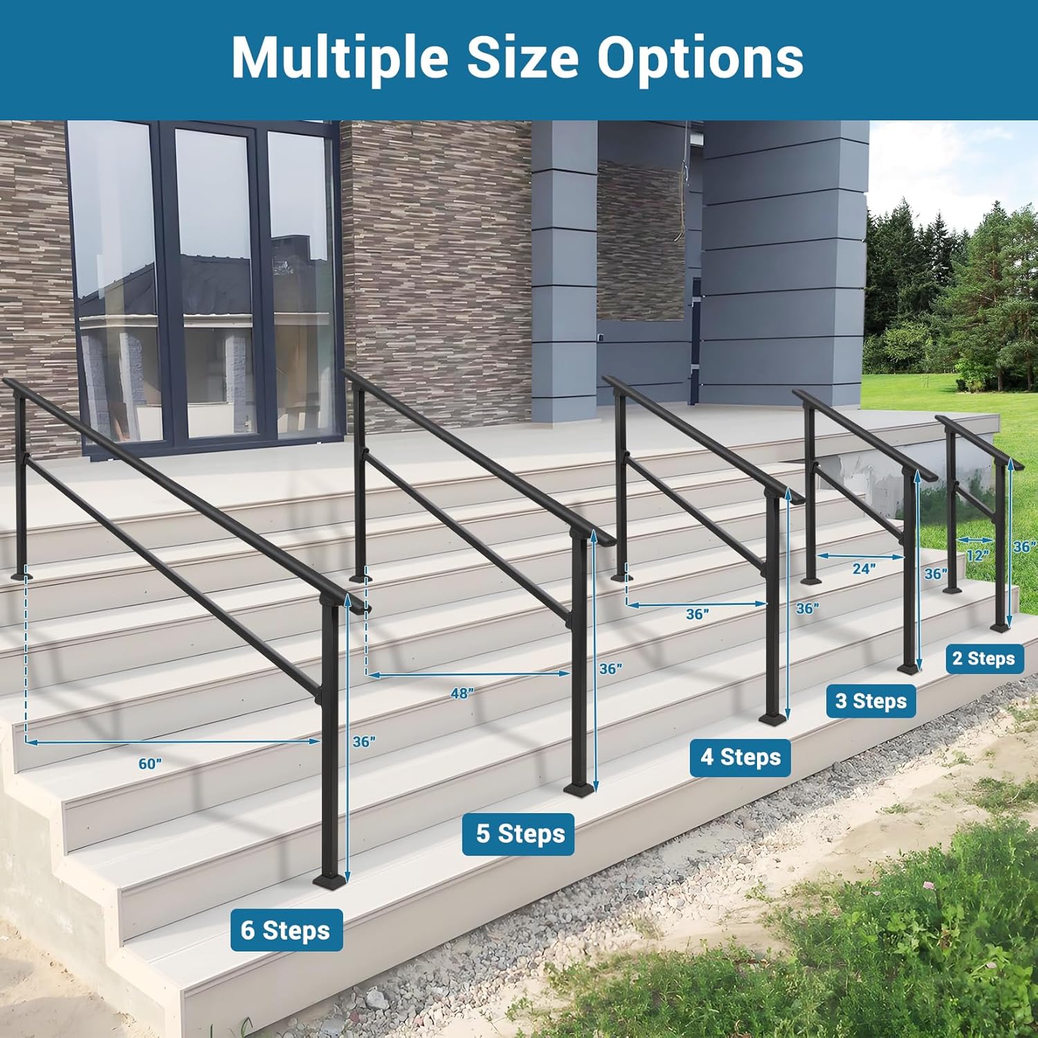 3 Step Handrails for Outdoor Steps, Adjustable Handrails Outdoor, Porch Han drails for Stairs Fit 2-3 Steps, Metal Porch Railing, Black kit, Upgrade Aluminium