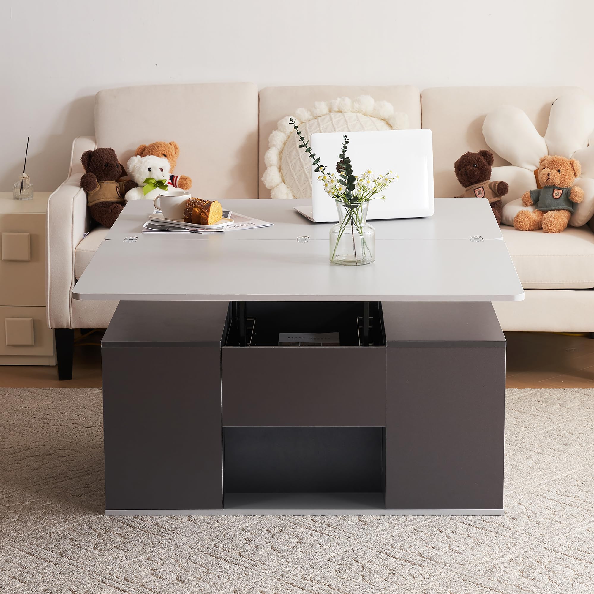 Mesa de Centro Multifuncional Elevable - Se Abre a 2 Mesas, Gran Capacidad, Muebles de Salón Modernos, Comedor de Oficina, Ocio (Gris Oscuro+Gris Claro)