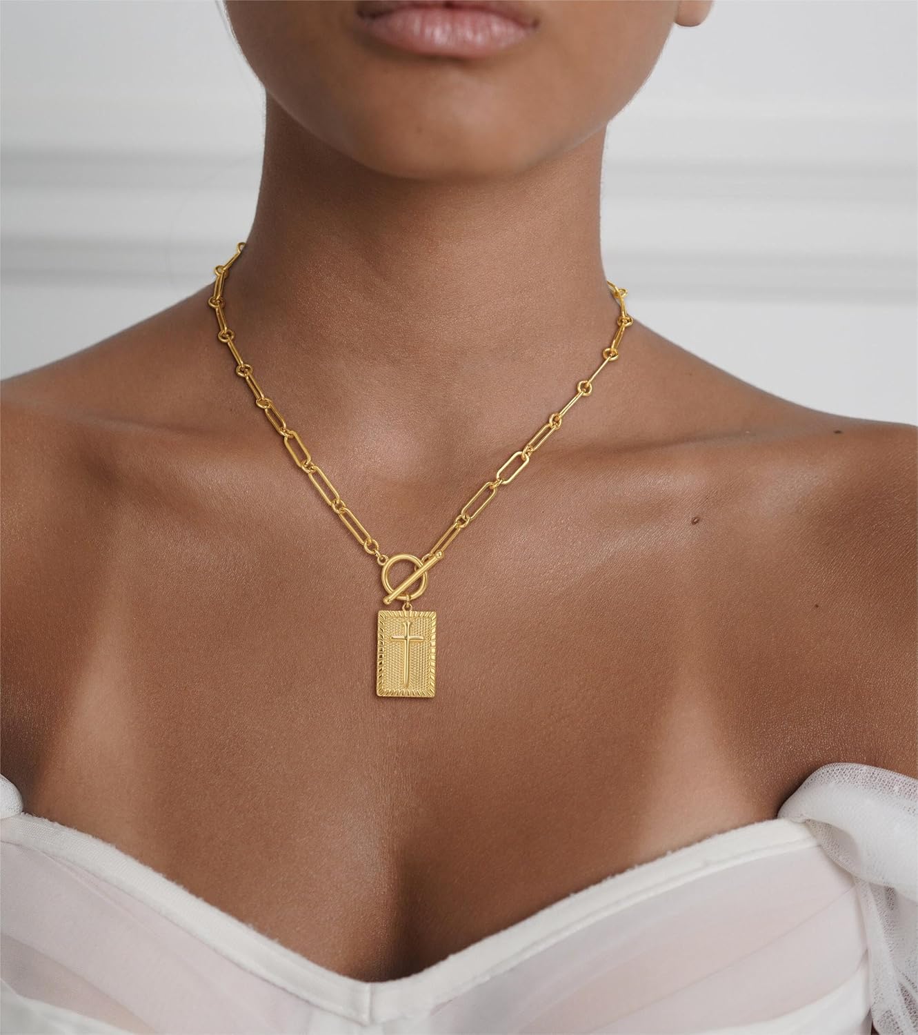 CHESKY Cross Necklace for Women Trendy, Dainty 14K Gold Plated Paperclip Charm Necklace for Womens Chunky Cross Pendant Necklace Gold Jewelry Religious Christian Gifts for Christians - Image 3