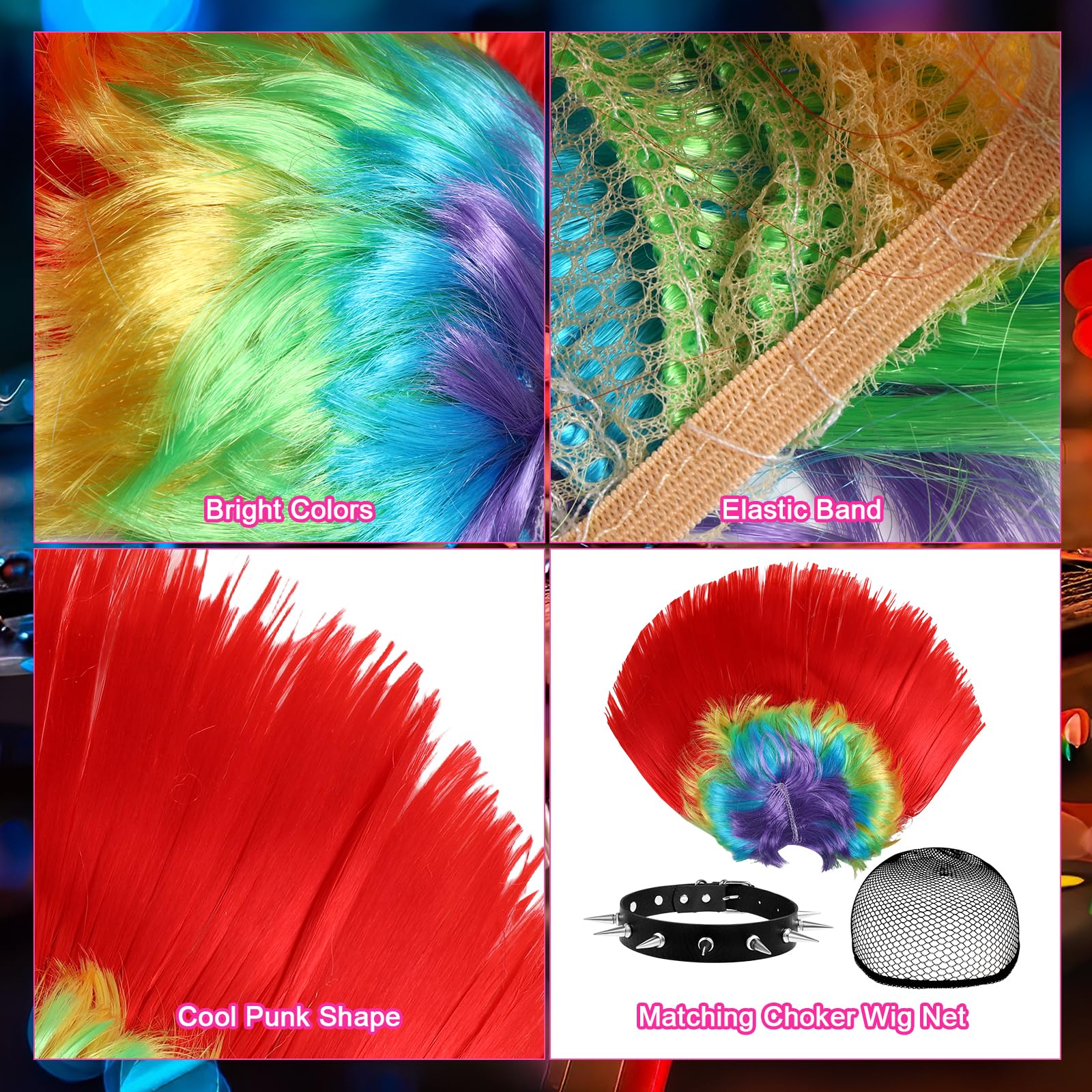 3Pcs Rainbow Wig for Men Women 80s Rocker Fancy Dress Wig with Adjustable Black Rivet Necklace Wig Cap Men’s Cosplay Synthetic Layered Hair Wigs for Costumes Cosplay Halloween Carnival Parties Anime - Image 3