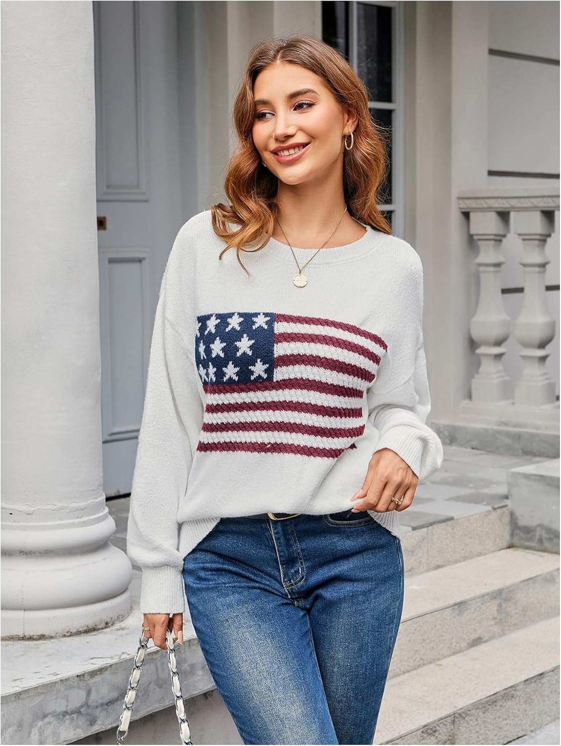 SweatyRocks Women's American Flag Print Long Sleeve Sweater Casual Loose Knit Round Neck Pullover Top - Image 3