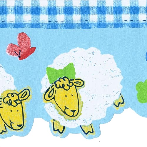CONCORD WALLCOVERINGS ™ Painted Sheep Clouds Wallpaper Border, 6" x 15' Charming Blue & White Sheep, Die Cut Cloud Edge, Prepasted Washable Vinyl