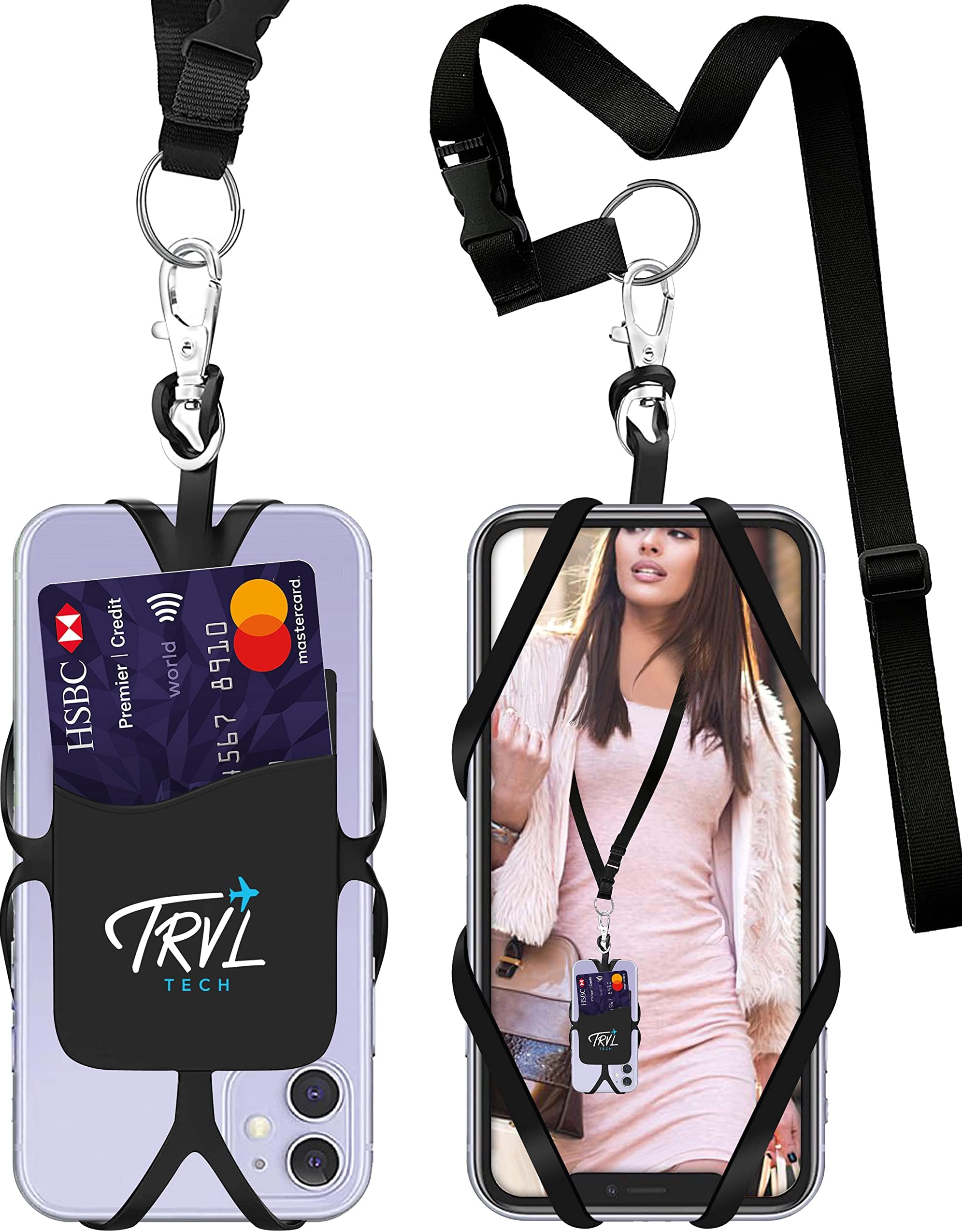 TRVLtech Phone Lanyard | Universal Cell Phone Lanyard Case for Around The Neck with ID and Credit Card Pocket Holder | Perfect for iPhone and Smart Phones | Fits and Holds 4" to 6.5" Phones - Black