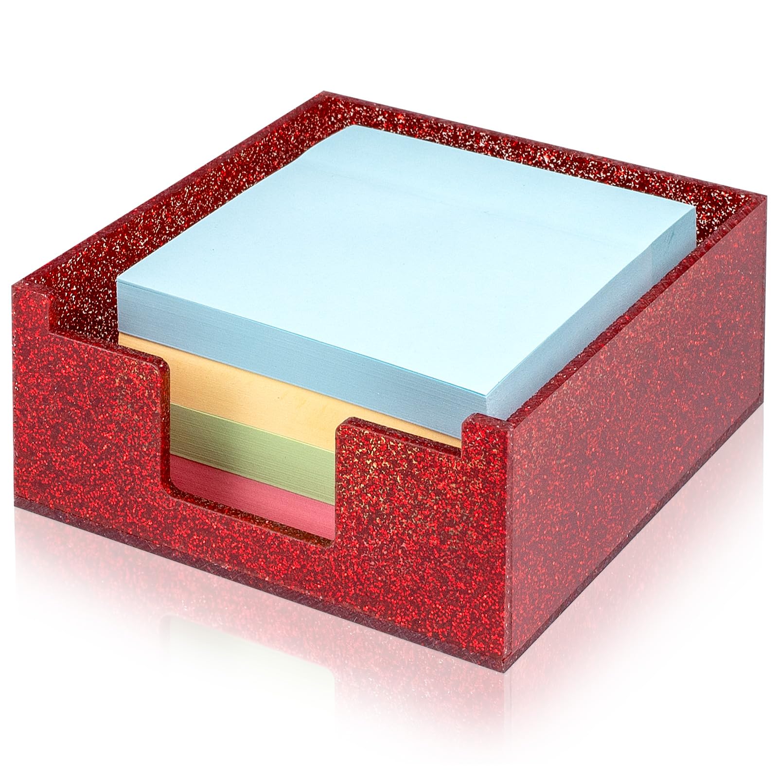 Luminzo Acrylic Sticky Note Holder 4x4in Tray for Desk, Red Glitter