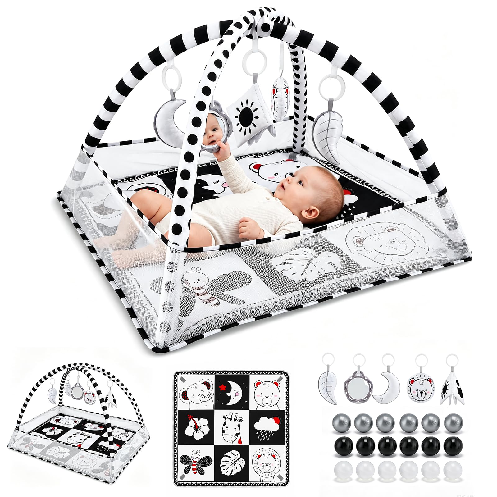 Baby Play Gym & Activity Mat, Baby Playmat with Arch & Mesh Fence, 18 Balls