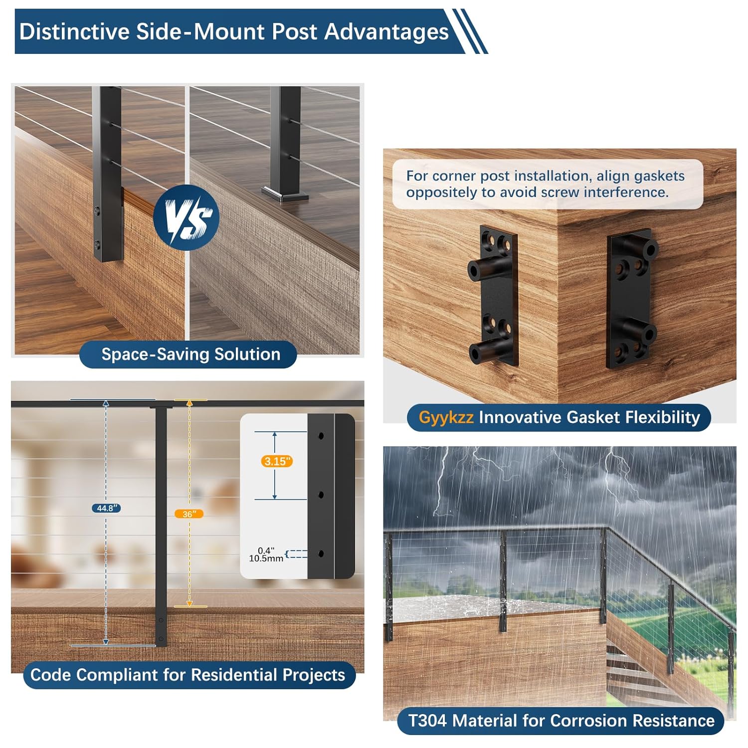 36" Side Mount Cable Railing Post, Level Drilled Space-Saving Side Mount Post System, Stainless Steel T304 Fascia Mount Handrail Post, Heavy-Duty Cable Railing Kit Indoor Outdoor Deck Post