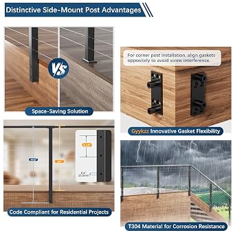 36 Side Mount Cable Railing Post, Level Drilled Space-Saving Side Mount Post System, Stainless Steel T304 Fascia Mount Handrail Post, Heavy-Duty Cable Railing Kit Indoor Outdoor Deck Post