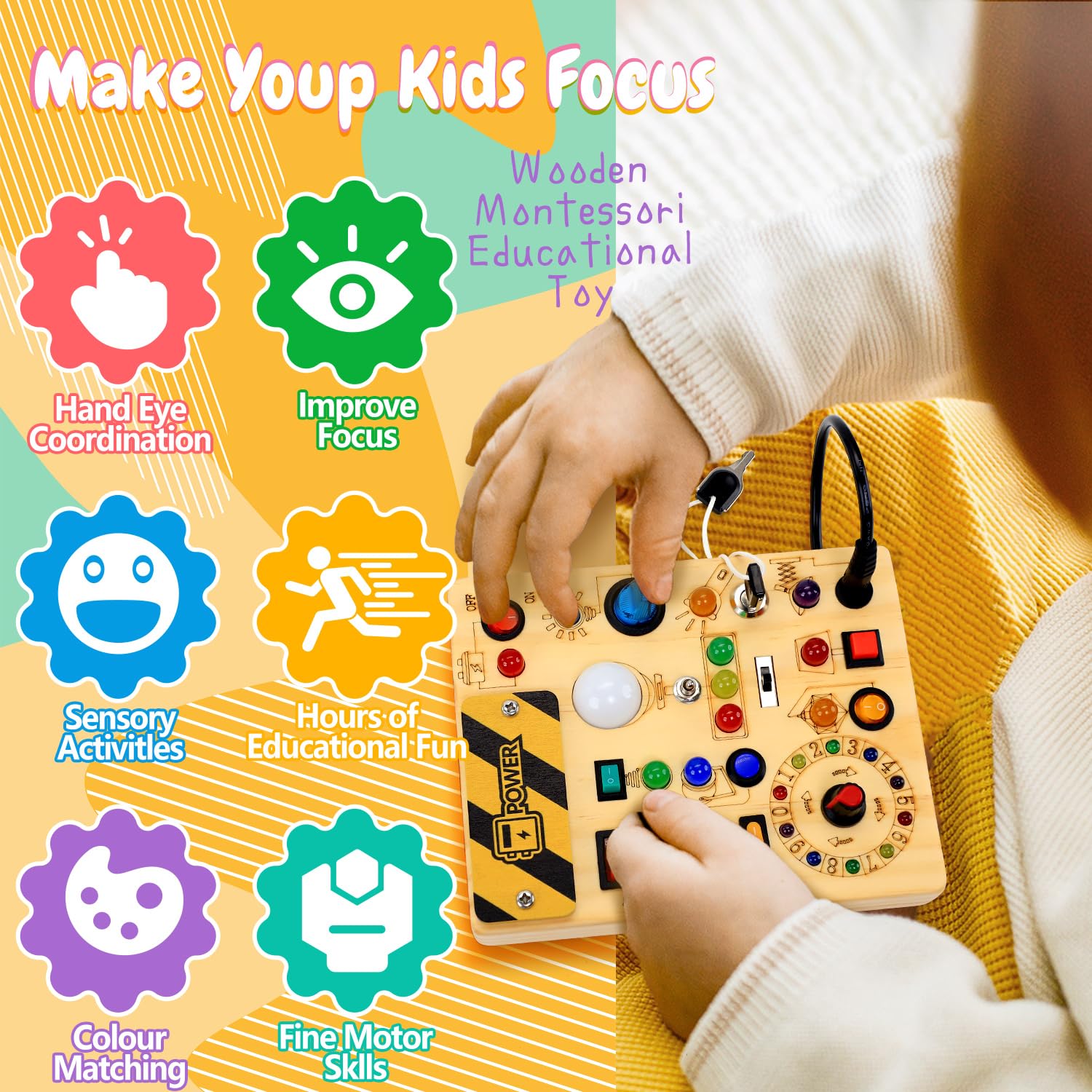 Tablero de actividades con interruptores de luz LED, juguetes Montessori para niños de 1, 2, 3 años, tablero de actividades sensoriales de madera para niños pequeños, juguetes de viaje para niños y 2