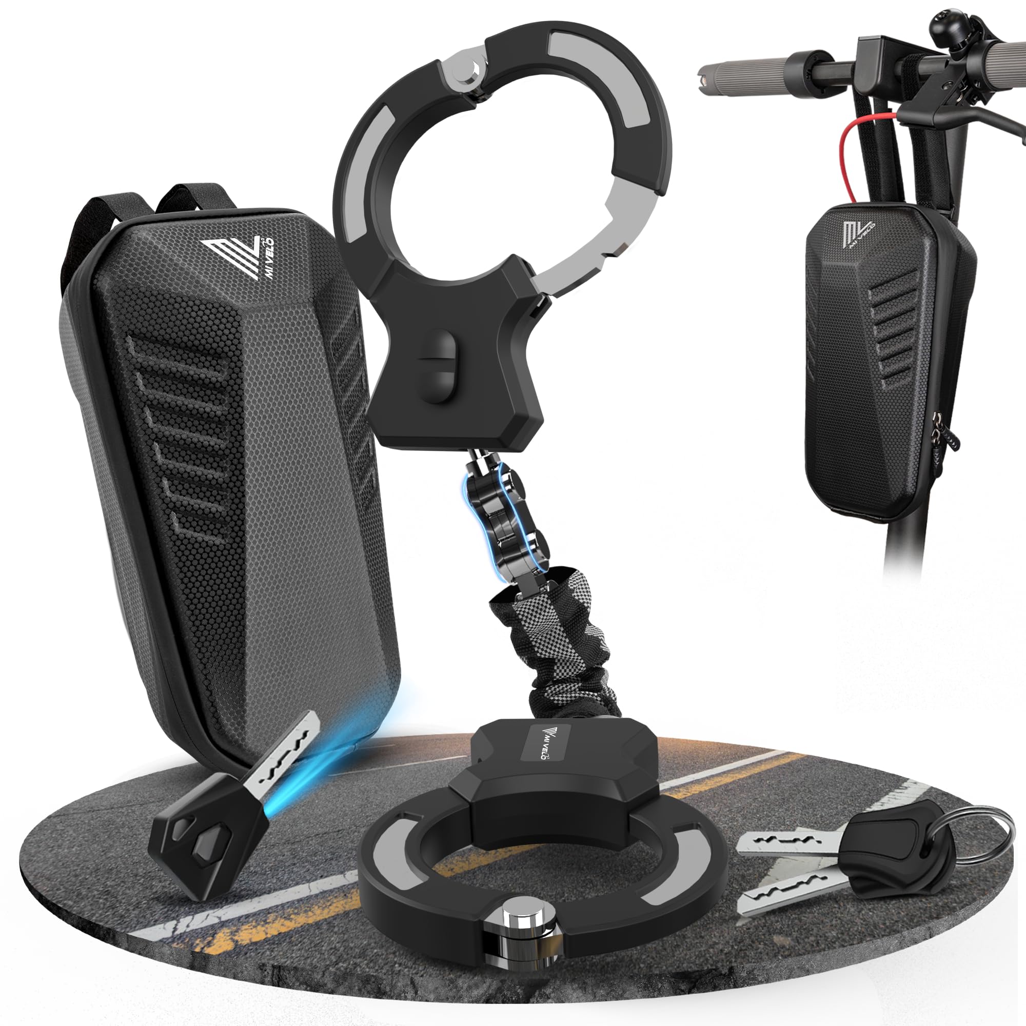 MIVELO E-Scooter Schloss extra sicher - Gelenkkettenschloss I Handschellenschloss für Elektroroller I Fahrradschloss hohe Sicherheit - Inkl. Halterung (PRO, mit Tasche)