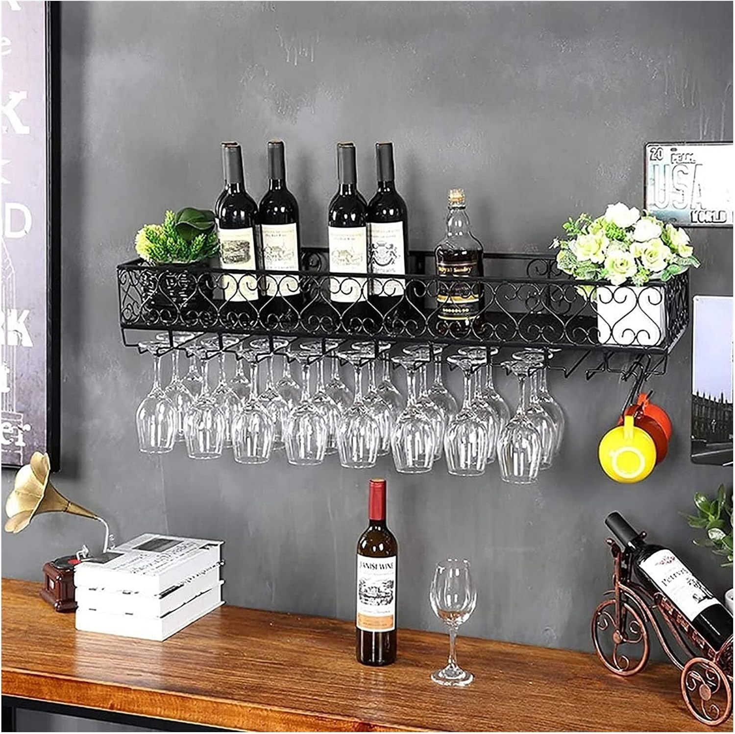 Hanging Wine Glass Rack Wine Bar Wall Rack for Bar Kitchen