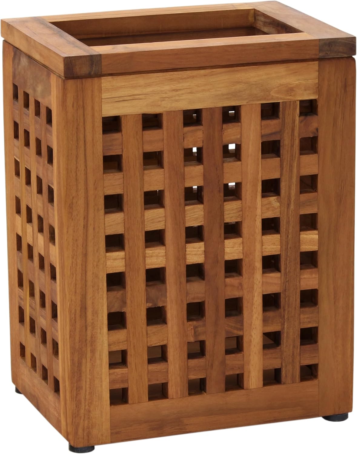 Teak Wood Lattice Waste Basket with Rubber Feet