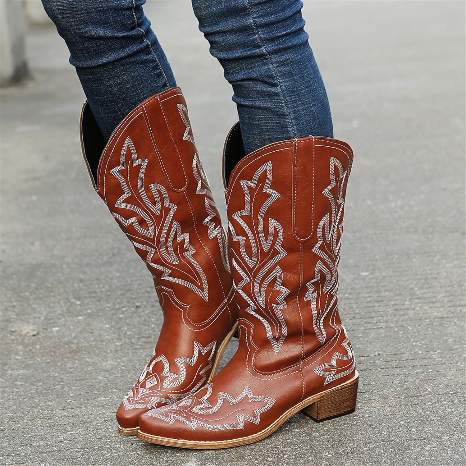 Ladmiple Cowboy Boots For Women Wide Calf Knee High Western Cowgirl Boots Ladies Pointy Toe Fashion Embroidered Boot Pull-On
