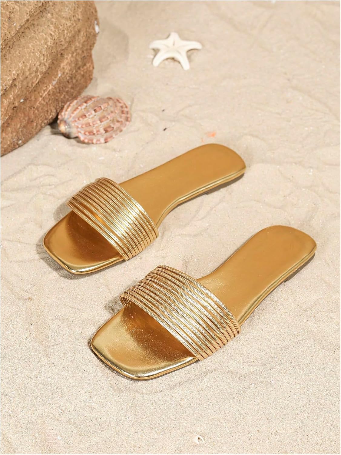 GORGLITTER Women's Gold Square Open Toe Flat Sandals Dressy 2026 Trendy Metallic Strapy Slide on Shoes - Image 5