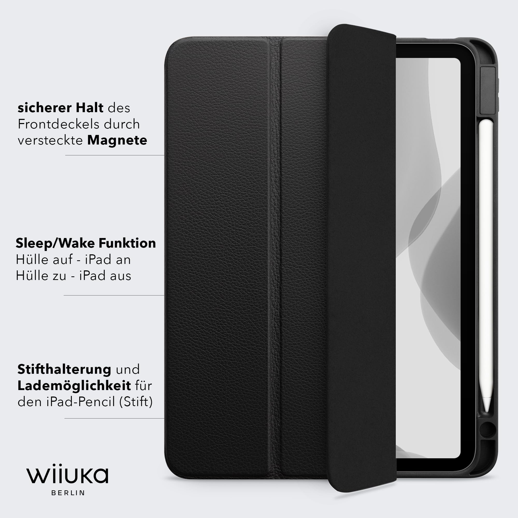 WIIUKA Hülle für iPad Pro 11" (2025/2024) M5/M4, Deutsches Leder, Lederhülle extra Dünn, Premium Smart-Cover Case, Schwarz