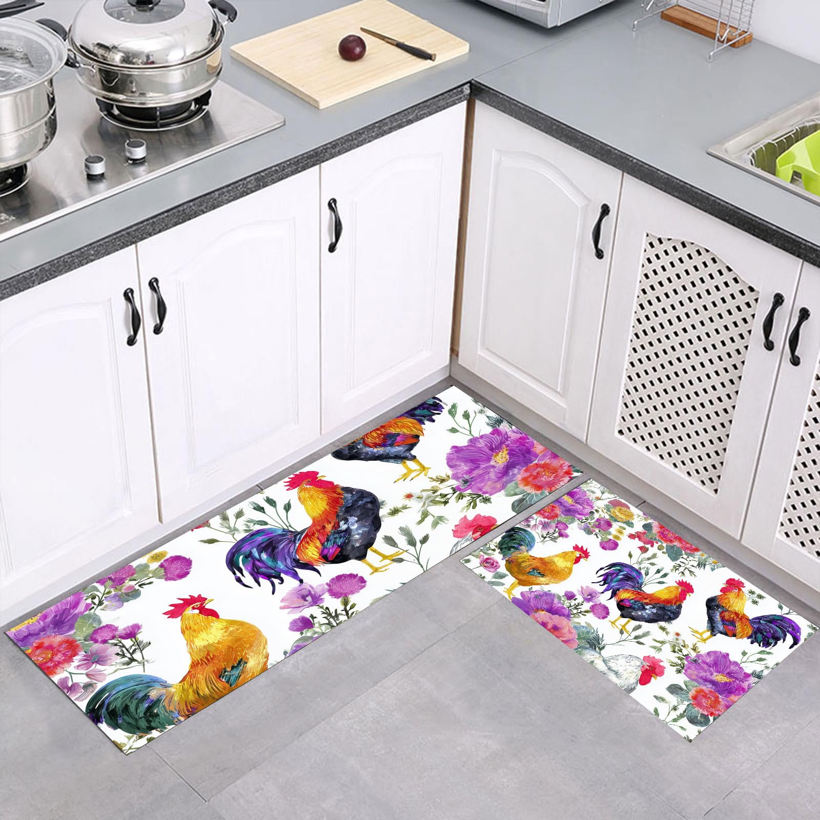 Tapis de cuisine antidérapant lavable lot de 2 tapis de sol colorés fleurs coq 40x120