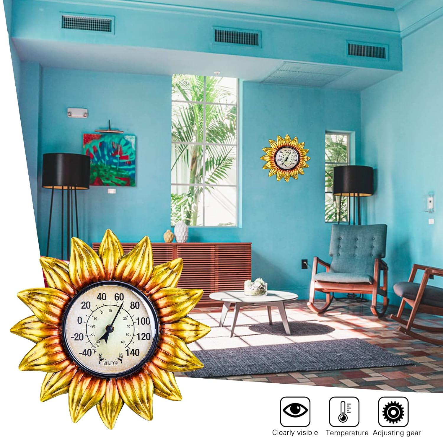 MUMTOP Outdoor Thermometer for Patio - Indoor Outdoor Thermometer, Sunflower Wall Thermometer Wireless for Garden Home Decor