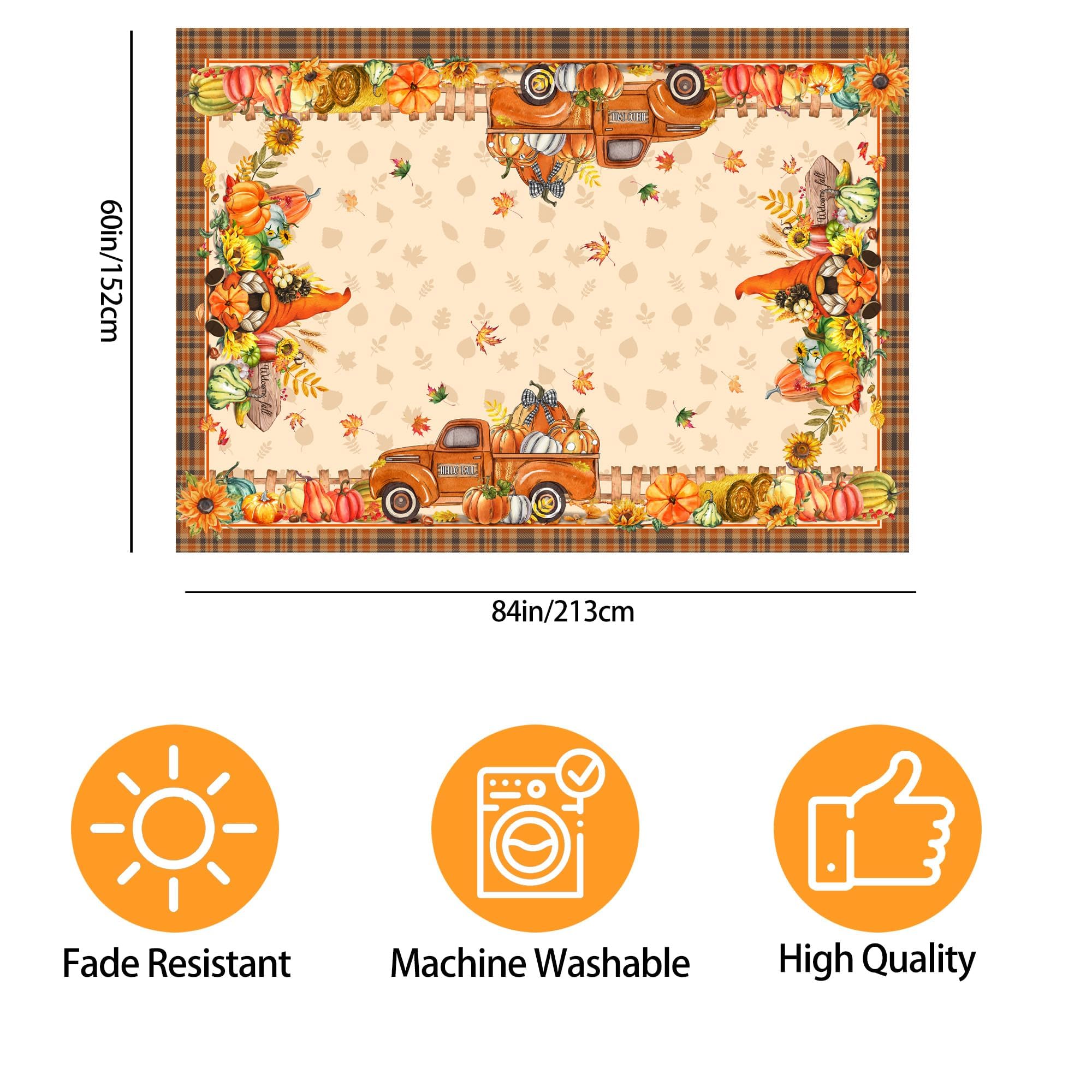 Hexagram Fall Tablecloth 60 x 84 Inches, Fall Table Cloth Rectangle, Autumn Pumpkin Red Truck Tablecloth for Home Kitchen Dining Decor