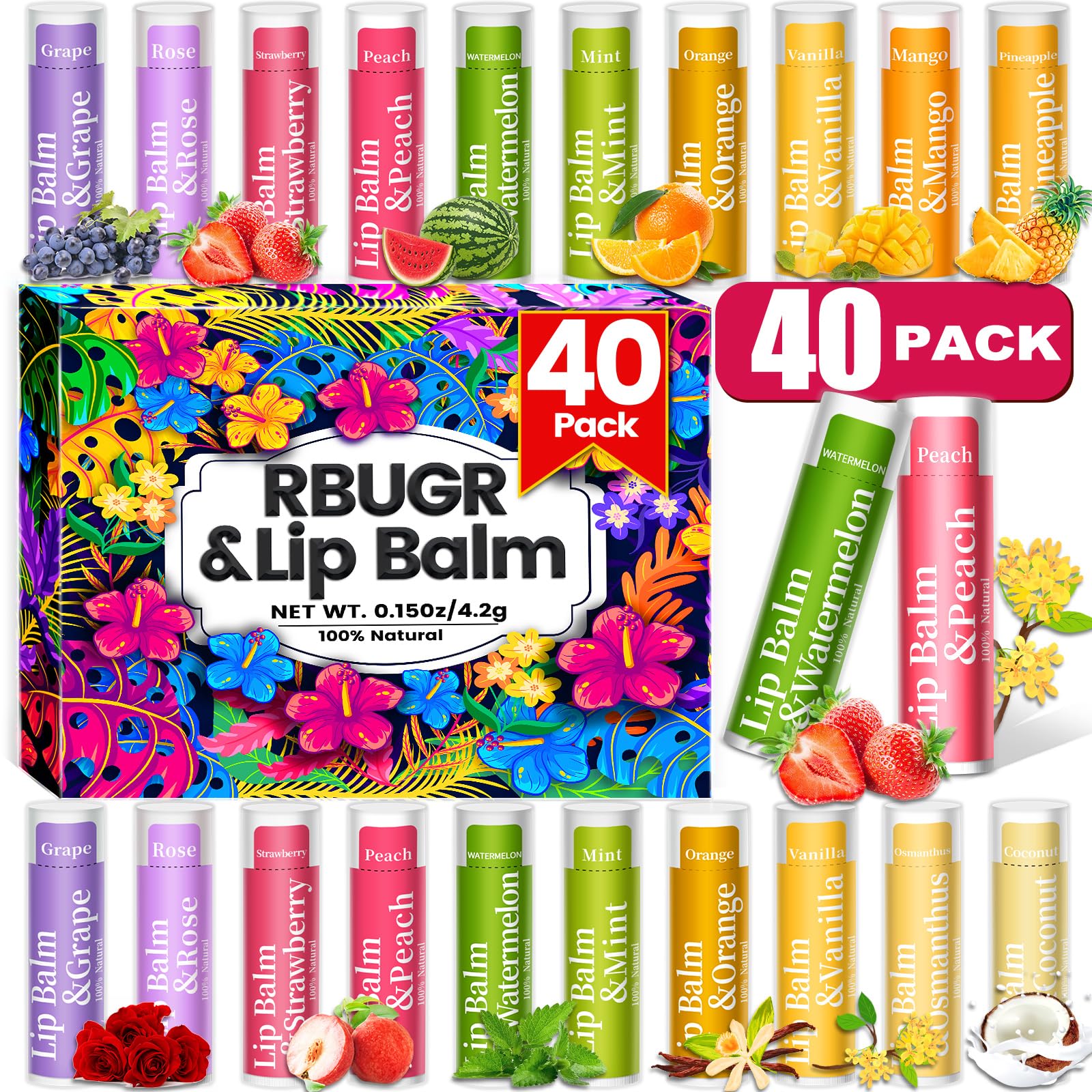 RBUGR 39 Pack Lip Balm, 12 Flavored in Bulk Natural Set, Beeswax Moisturising & Soothing Bulk Gifts for Women Stocking Stuffers Party Favors (4.2g/0.15oz)