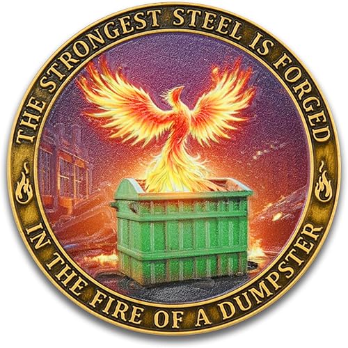 Miniatura 2 de Moneda de desafío de fuego de contenedor, diseño de caballero y fénix con mensaje motivacional, símbolo de resiliencia y humor
